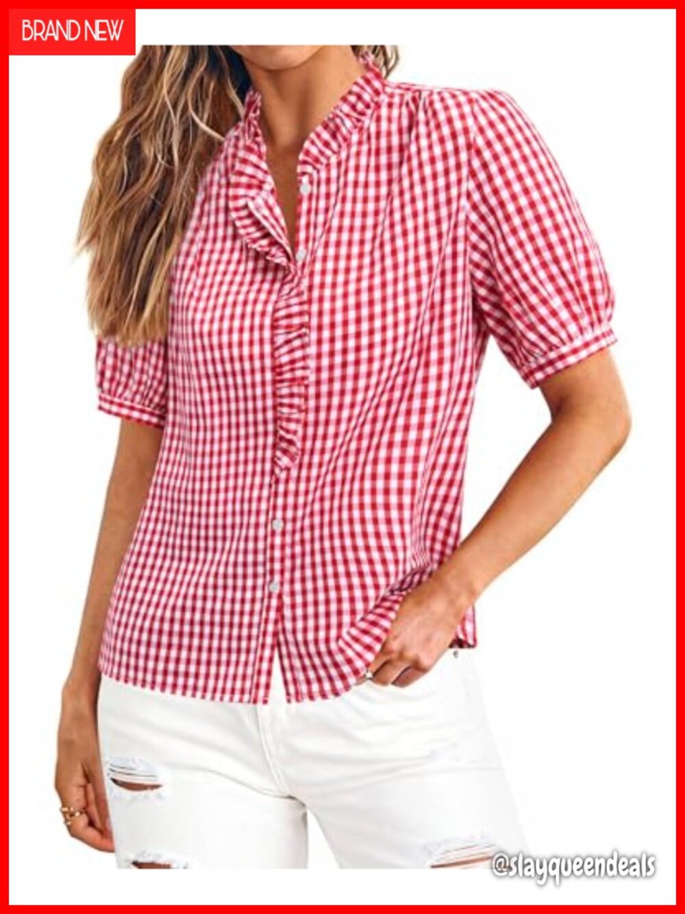 Women's Plaid Gingham Button Down Short Sleeve Ruffle V Neck Cotton Blouse